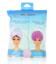 Load image into Gallery viewer, Set of 2 Twist Hair Turban and Bouffant Shower Cap
